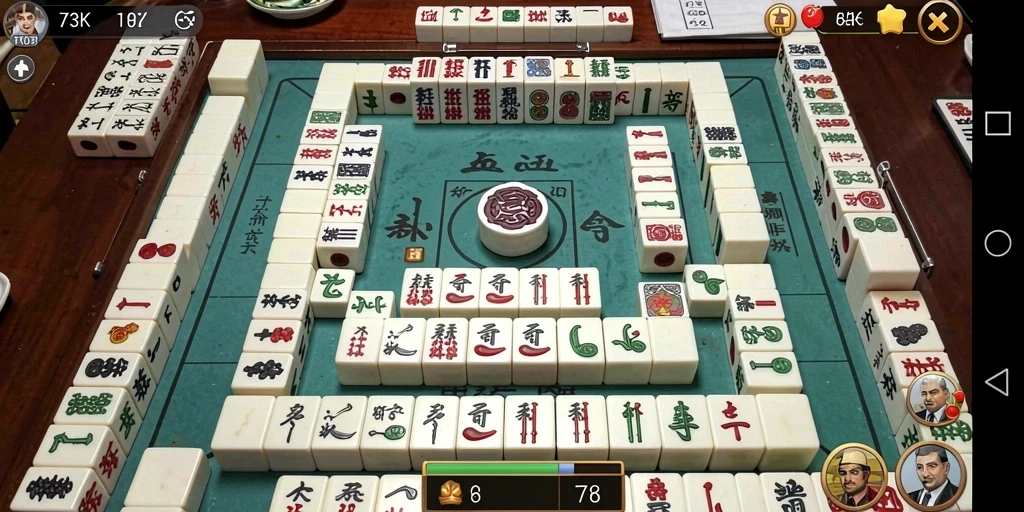 Tampilan gameplay 73K menampilkan ubin Mahjong yang berwarna-warni dan menarik.
