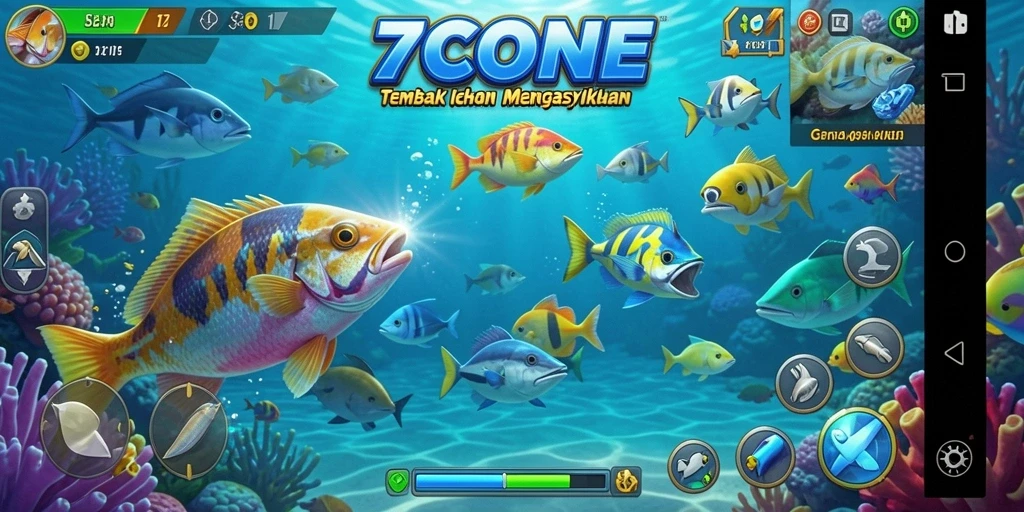 Screenshot gameplay <strong>7CONE</strong> dengan ikan-ikan berwarna-warni dan senjata canggih.