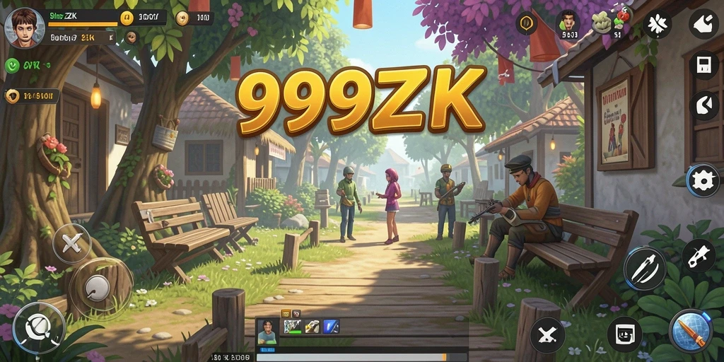 Screenshot gameplay mendalam dari 999ZK menunjukkan interaksi sosial dengan NPC.