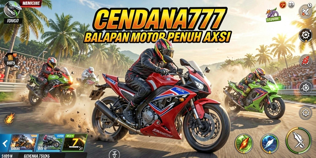 Screenshot gameplay CENDANA777 dengan motor balap yang melaju kencang.