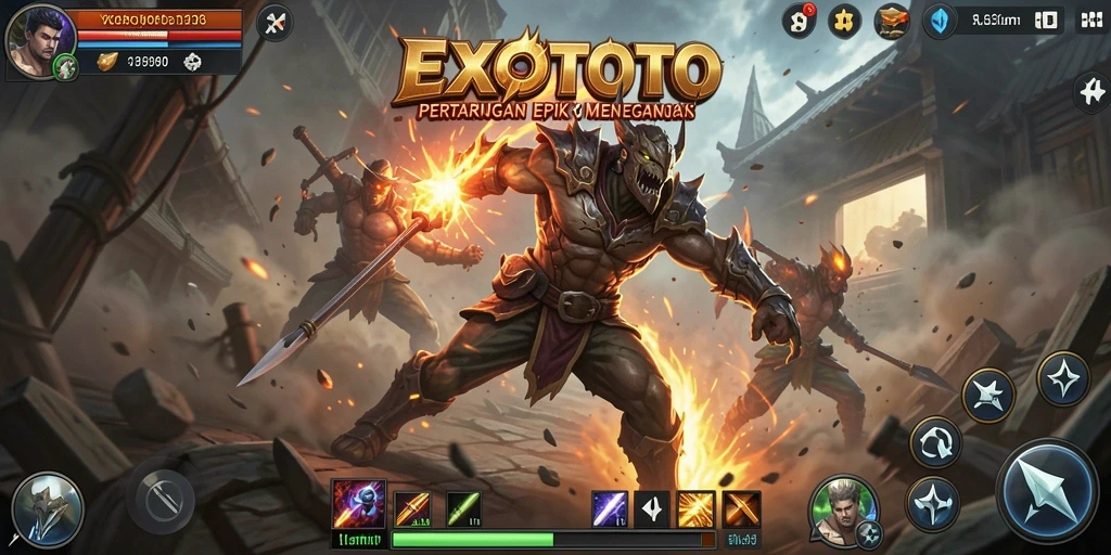Tangkapan layar gameplay EXOTOTO menampilkan pertarungan yang seru dan grafis menawan.