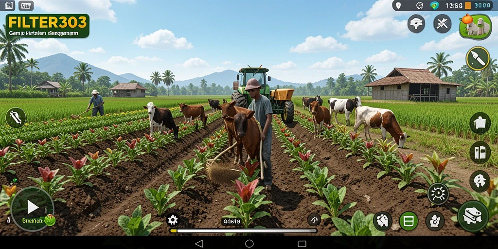Tampilan gameplay FILTER303 dengan aktivitas bertani yang seru dan interaktif.
