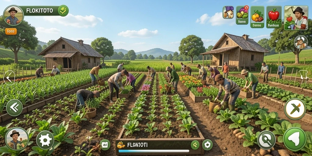 Screenshot gameplay FLOKITOTO menampilkan ladang yang subur dan berwarna-warni.