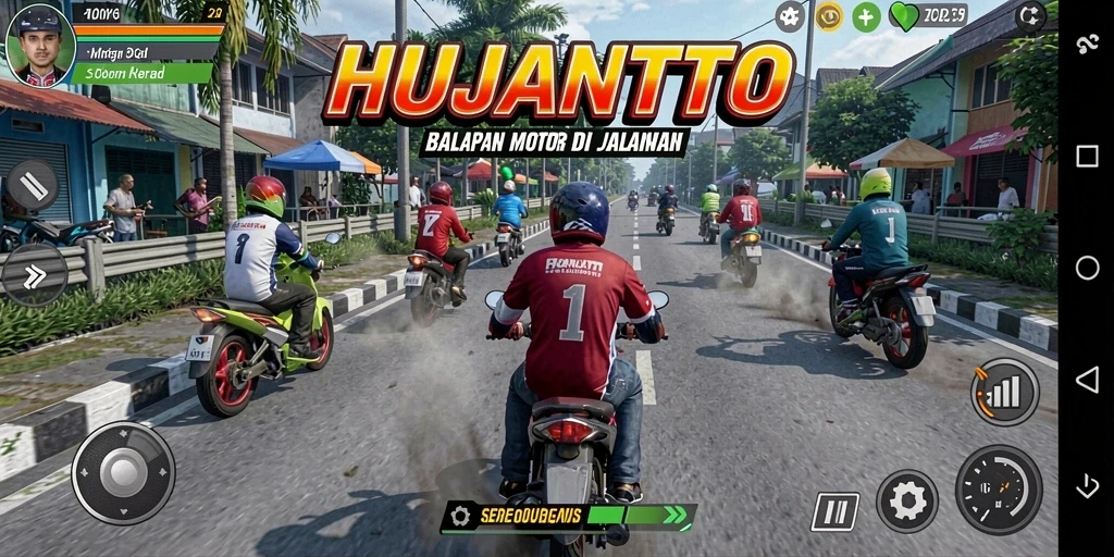 Skrinsut gameplay HUJANTOTO yang menampilkan balapan motor yang intens.
