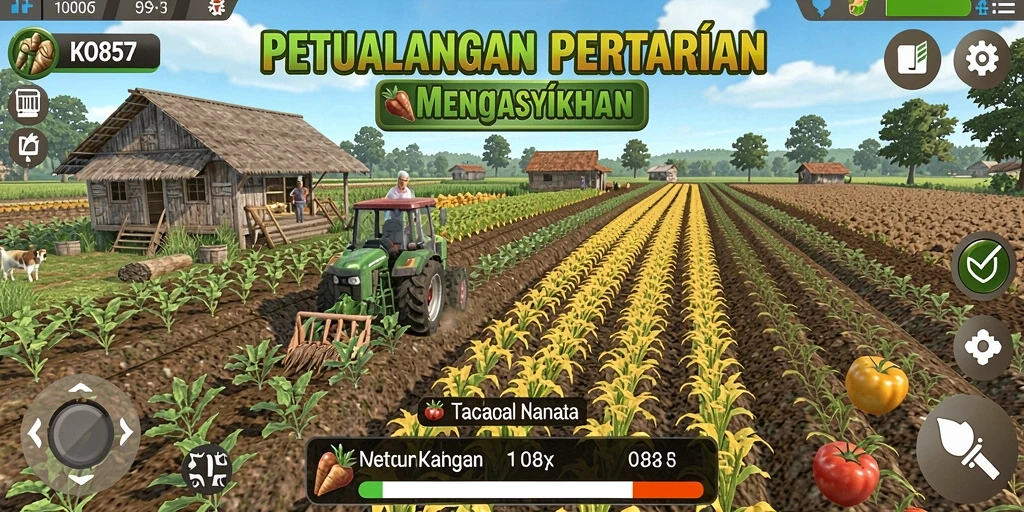 Screenshot gameplay menunjukkan aktivitas bertani yang seru dan interaktif.