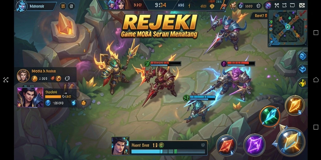 Tampilan gameplay menarik dari REJEKI dengan aksi MOBA seru.