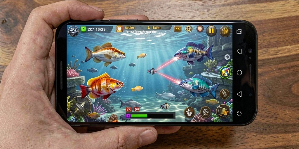 Screenshot gameplay ZK7 menampilkan aksi seru Tembak Ikan.